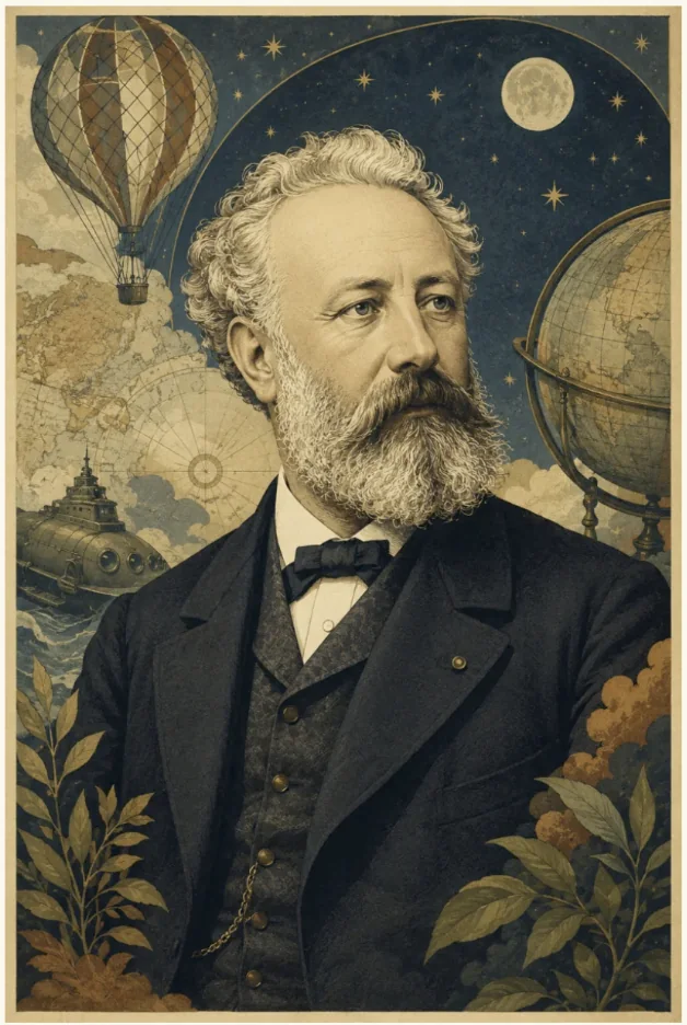 Portrait gravé de Jules Verne en redingote, entouré d'un ballon, d'un globe terrestre et d'un sous-marin.